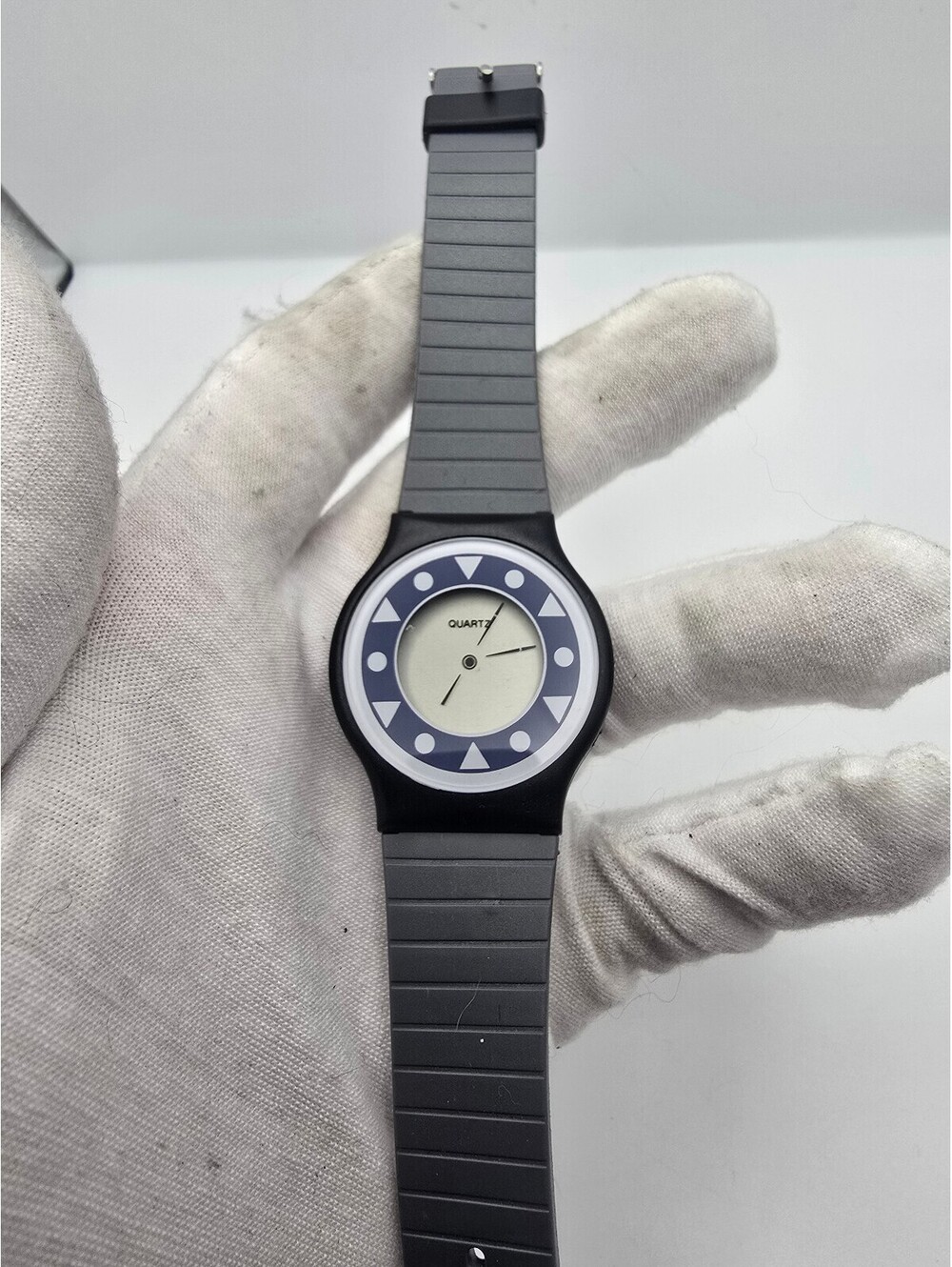 L.C.A. Liquid Crystal Analog Quartz Watch Black Gray Resin Band Blue Bezel